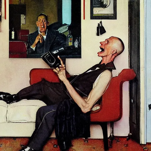 Prompt: a thin man screams at a telephone beside a sofa in a dark living room, painted by norman rockwell and tom lovell and frank schoonover