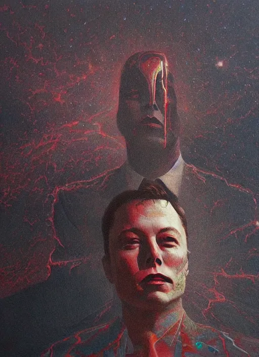 Image similar to A painting of Elon Musk in style of Beksinski. Very detailed