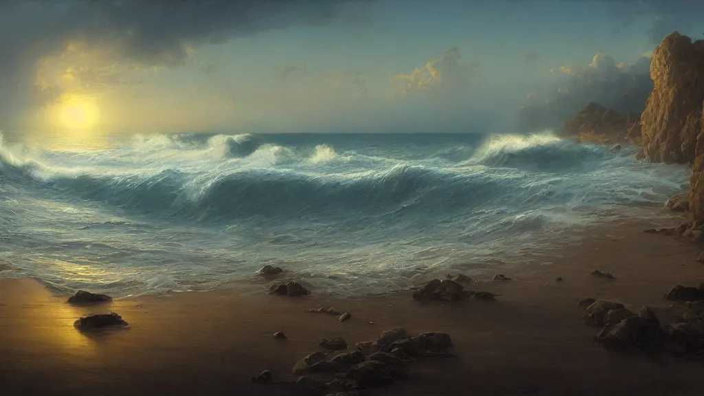 Prompt: first person view of breaking waves on the shore, moonlit , sea breeze rises in the air, by andreas rocha and john howe, and Martin Johnson Heade, featured on artstation, featured on behance, golden ratio, ultrawide angle, f32, well composed