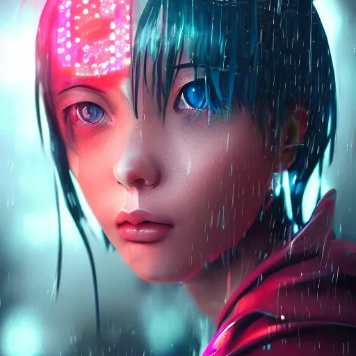 Prompt: anime woman portrait made out of rain, beautiful, cyborg, stylish suit, cyberpunk background, neon, rendered in octane, unreal engine, matte painting, sharp focus, trending on artstation, futuristic, space