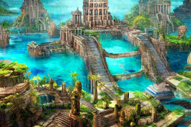 Image similar to lost city of atlantis, hyper realism, colorful, 8 k, realistic, psychedelic