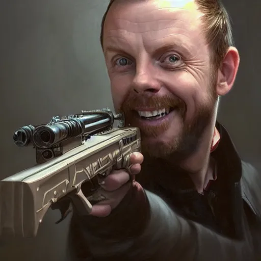 Image similar to portrait painting of simon pegg smiling with a winchester, ultra realistic, concept art, intricate details, eerie, highly detailed, photorealistic, octane render, 8 k, unreal engine. art by artgerm and greg rutkowski and alphonse mucha