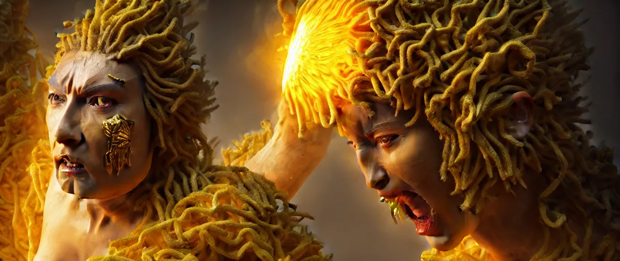 Image similar to hyperrealist highly detailed neo-baroque god as an angry amazon woman crushing earth into pieces concept art pascal blanche key sage dramatic yellow lighting 8k wide angle shallow depth of field