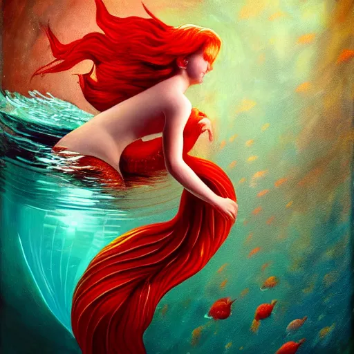 Prompt: a detailed painting of a red - headed mermaid swimming inside a wineglass, dim painterly lighting volumetric aquatics, cinematic lighting, atmospheric lighting, focus, 8 k, detailed.