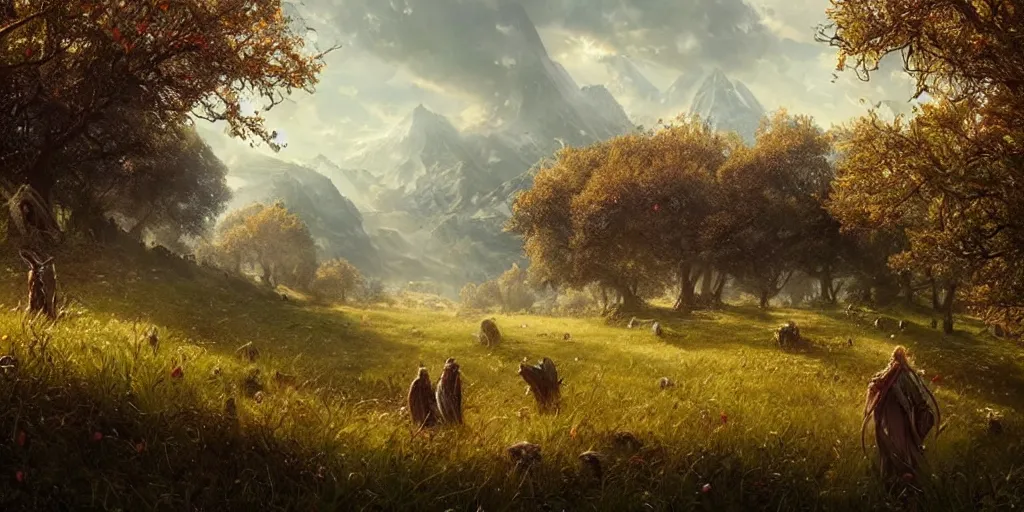 Prompt: beautiful hyper realistic scenery filled with apple trees, overgrowth of grass, plants, mushrooms, beautiful painting by greg rutkowski, ross tran, wlop, set in lord of the rings, starcraft, atmosphere, ethereal, magic, amazing, positive vibes