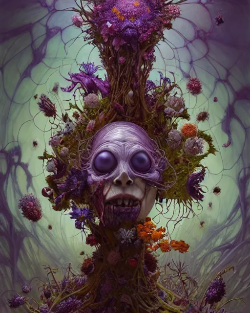 Image similar to the platonic ideal of flowers, rotting, insects and praying of cletus kasady carnage thanos davinci dementor wild hunt chtulu mandelbulb ponyo heavy rain the witcher, d & d, fantasy, ego death, decay, dmt, psilocybin, concept art by randy vargas and greg rutkowski and ruan jia and alphonse mucha