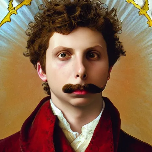 Prompt: a detailed portrait of michael cera as santa ana at the alamo, long twirling moustache, by alphonse mucha and albert bierstadt and thomas moran and charles russel, god rays, intricate detail, cinematic, 8 k, featured on artstation, pixiv