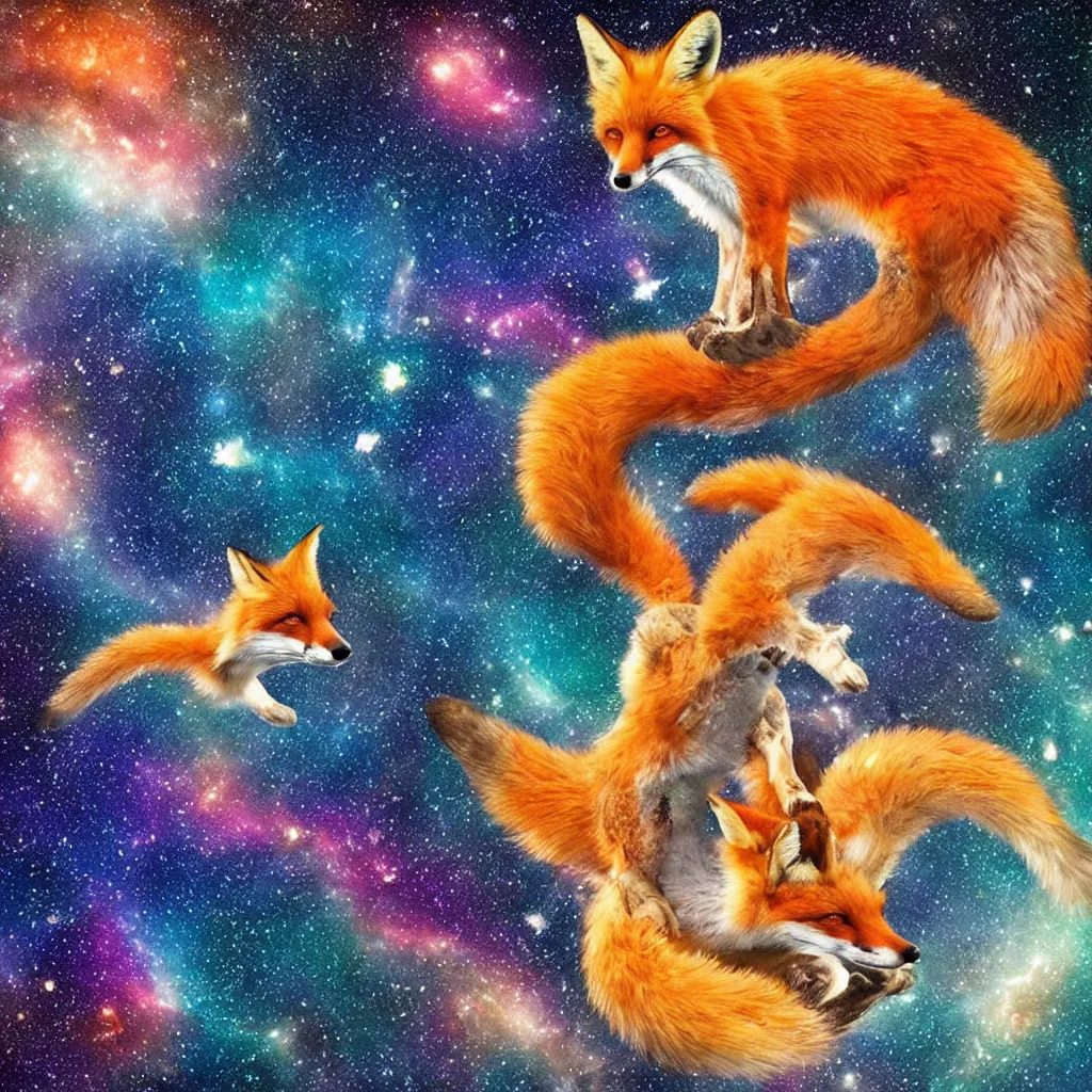 Image similar to a fox swimming in a lake in space staring up at a galaxy, realistic, colorful