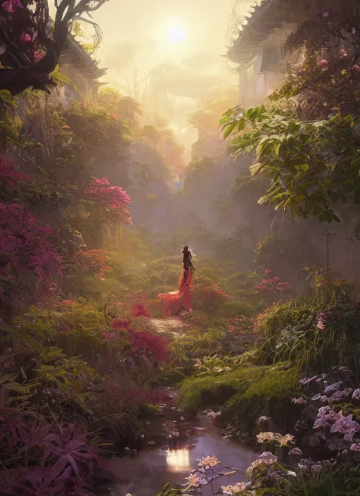 Image similar to highly detailed cultivator, stephen bliss, unreal engine, wuxia art by greg rutkowski, loish, rhads, ferdinand knab, makoto shinkai and lois van baarle, ilya kuvshinov, rossdraws, tom bagshaw, alphonse mucha, global illumination, radiant light, detailed and intricate environment