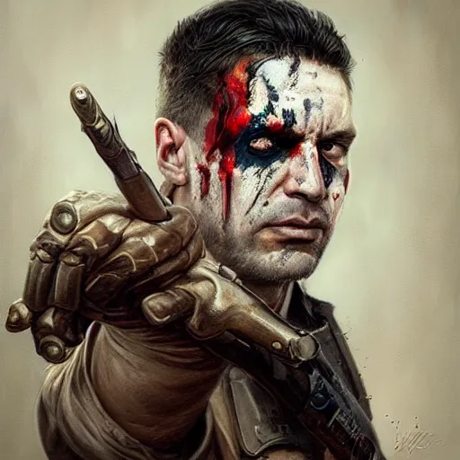 Image similar to portrait of frank castle the punisher, bloody nose, face paint, intricate, elegant, highly detailed, centered, digital painting, artstation, concept art, smooth, sharp focus, illustration, artgerm, tomasz alen kopera, peter mohrbacher