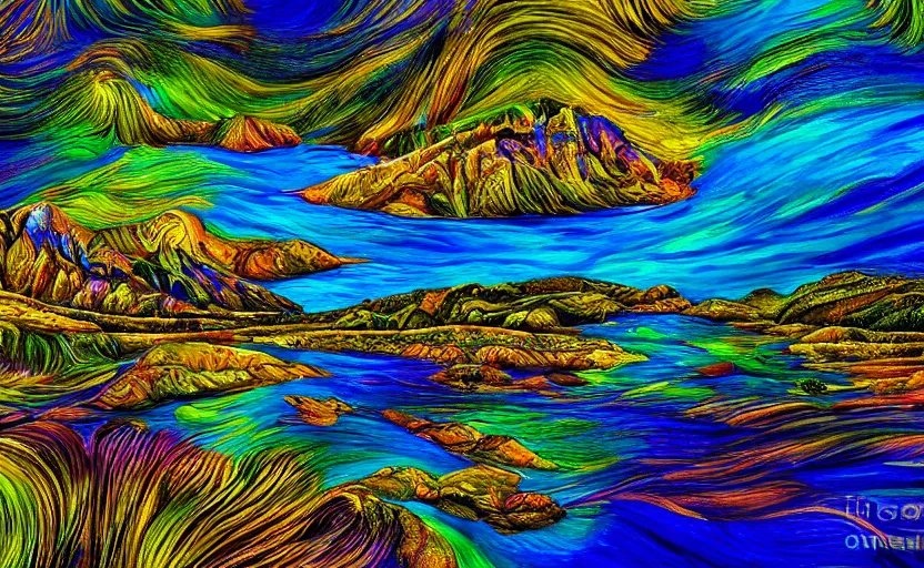 Image similar to golden bay abel tasman new zealand in the style of psychedelic oil painting, digital art, high quality, highly detailed, high coherence,, concept art, marterpiece