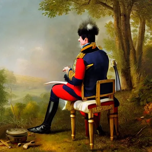 Prompt: ultra realistic painting of a napoleonic soldier sitting on a piano inside of a forest, thick brush strokes, visible paint layers, taken from the back of the soldier.