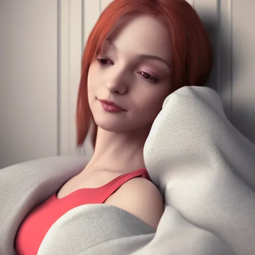 Prompt: 3 d render of a cute thin young woman, red blush, wearing casual clothes, small smile, relaxing on a couch, cuddling up under a blanket, cozy living room, medium shot, 8 k, octane render, trending on artstation, art by artgerm, unreal engine 5, hyperrealism, hyperdetailed, ultra realistic