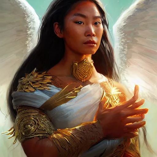 Prompt: Portrait of a Pacific Islander goddess with angel wings, and a glowing halo, white lighting, digital art by Ruan Jia and Mandy Jurgens and Artgerm, highly detailed, trending on artstation, award winning,