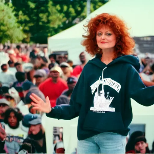 Image similar to 1 9 9 0 s video still of susan sarandon, wearing a hip hop hoodie, rapping on stage at a small outdoor concert, vhs artifacts