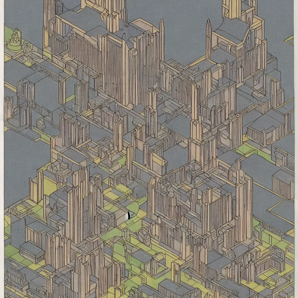 Prompt: isometric artdeco tokyo cathedral by frank lloyd wright, isometric, painted by piet mondrian