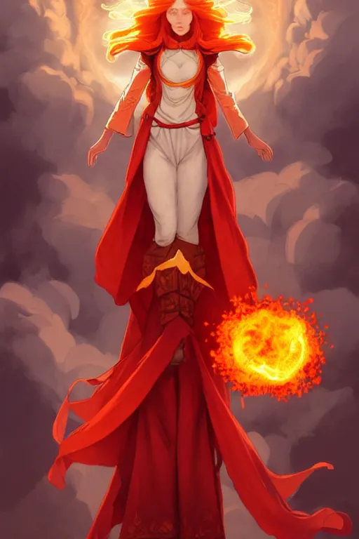 Image similar to a beautiful fire bender mage girl holding a fireball, ginger hair with freckles, wearing long flowing red robes inspired by alphonse mucha, standing on a mountain top with epic clouds and godlike lighting, intricate illustration and highly detailed digital painting. concept art by artgerm. inspired by brom art and larry elmore.