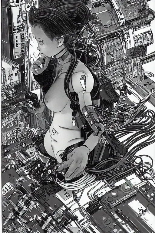 Prompt: an hyper-detailed cyberpunk illustration of a female android seated on the floor in a tech labor, seen from the side with her body open showing cables and wires coming out, by masamune shirow, and katsuhiro otomo, japan, 1980s, centered, colorful