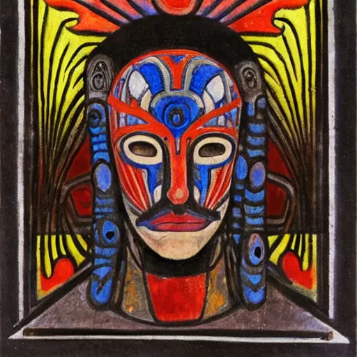 Image similar to head of a shaman wearing a mask made of enamelled flowers, by annie swynnerton and jean delville and john watkiss and rufino tamayo and diego rivera, art deco shaman, stylized geometric flowers, art brut, symbolist, dramatic lighting, god rays, clean crisp graphics, smooth sharp focus, extremely detailed, adolf wolfli