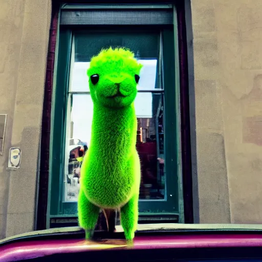 Prompt: <photograph accurate=true quality=very-high>looking out the window at a busy city street</photograph><photobomb>glowing green alpaca</photobomb>