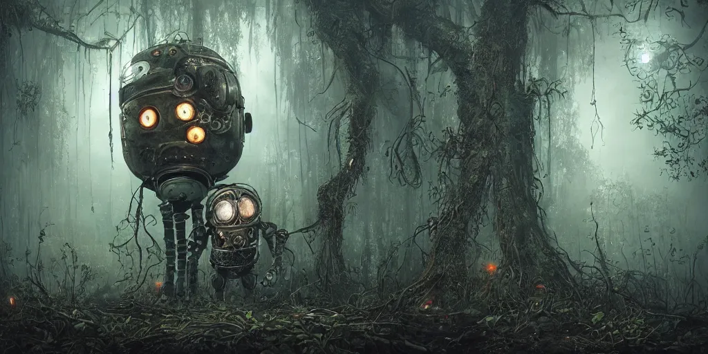 Image similar to mechanical steampunk robot with large head and two ((glowing)) eyes in haunted swamp surrounded by dense forest with vines hanging from trees, scattered fireflies, desaturated, creepy ambiance, fog, sharp focus, hughly detailed, eerily beautiful, cgsociety, artgerm