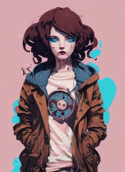 Image similar to highly detailed portrait of a sewer punk lady, blue eyes, tartan hoody, ringlet hair by atey ghailan, by greg rutkowski, by greg tocchini, by james gilleard, by joe fenton, by kaethe butcher, gradient pink, brown, light blue and white color scheme, grunge aesthetic!!! ( ( graffiti tag wall background ) )