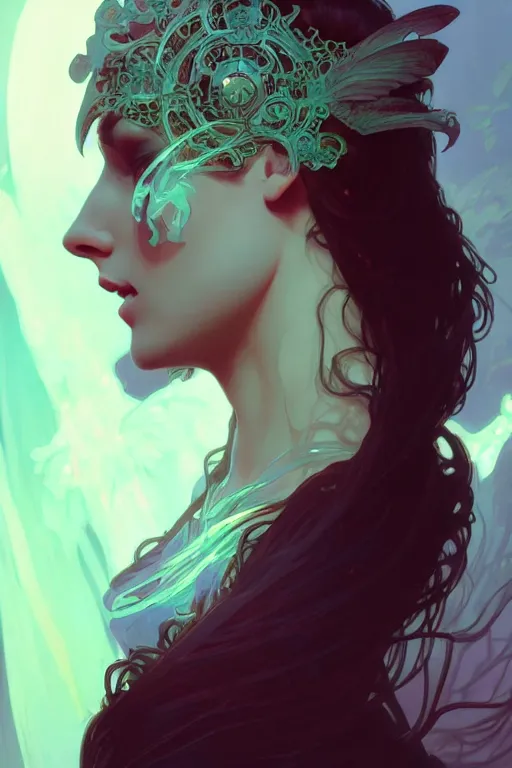 Image similar to a beautiful necromancer woman, fantasy, portrait, sharp focus, intricate, elegant, digital painting, artstation, matte, highly detailed, concept art, illustration, ambient lighting, art by ilya kuvshinov, artgerm, Alphonse mucha, and Greg Rutkowski