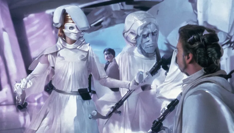 Image similar to screenshot portrait of Luke Skywalker and Princess Leia, facing off against an incredibly haunting female sith lord in white, on a sith planet of purple magic maelstrom, iconic scene from the 1970s sci fi thriller film by Stanley Kubrick, HR Geiger, stunning cinematography, hyper-detailed, sharp, anamorphic lenses, kodak color stock, 4k, stunning