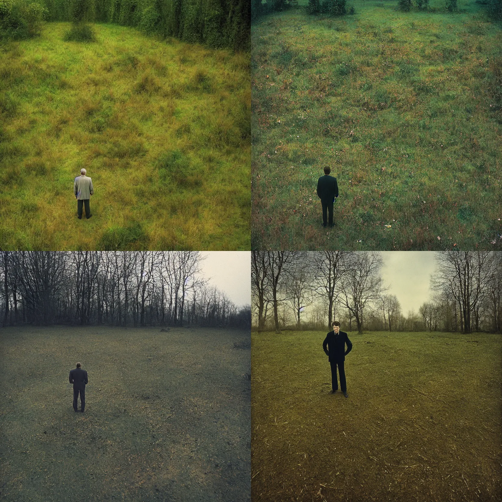 Prompt: a cinematic wide - angle colored photograph of a man standing in a deserted garden by andrei tarkovsky, masterpiece, shot on large format film camera, hyper - detailed, cinematic composition, dramatic lighting, 8 k