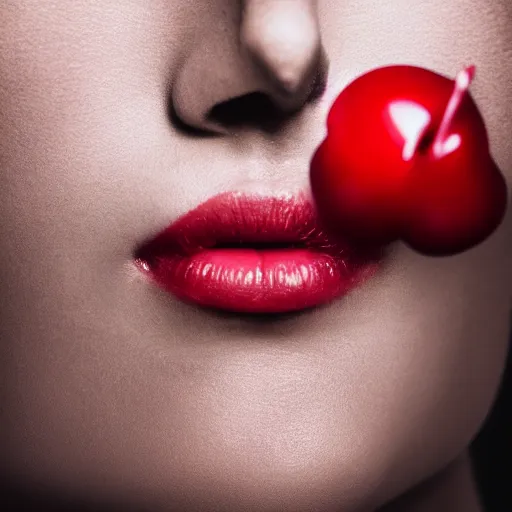 Prompt: Professional studio photo of a woman's lips on a bright red cherry lollipop, studio lighting, rule of thirds, depth of field, realistic, high resolution, 8k 64 megapixel