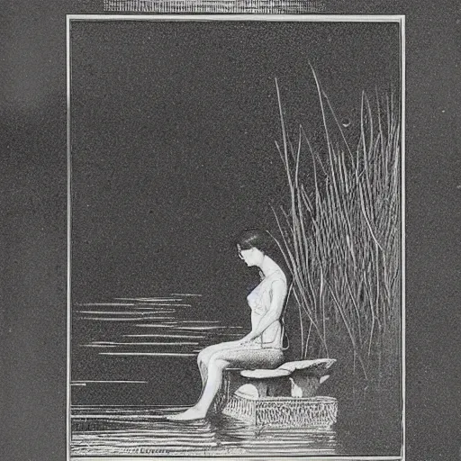 Prompt: Print. a young girl is sitting on the edge of a pond, with her feet in the water. She is looking at a frog that is sitting on a lily pad in the pond. copper verdigris, Things Stranger by Hugh Ferriss manmade