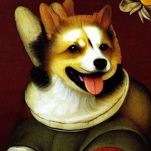 Image similar to corgi dog in cosmos painting, leonardo da vinci style