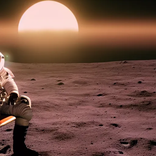 Image similar to astronaut on the Moon sitting on a bench reading a book, Planet Earth visible over the horizon, rim lighting, cinematic lighting, photo realistic image, 4K, super detailed, cinematic look, H 1024