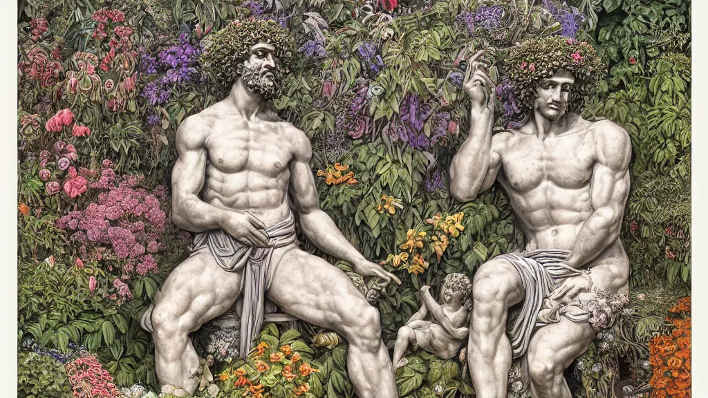 Prompt: highly detailed illustration of a greek statue of a man surrounded by all the known species of plants and flowers by juan gatti!, by moebius!, by oliver vernon!