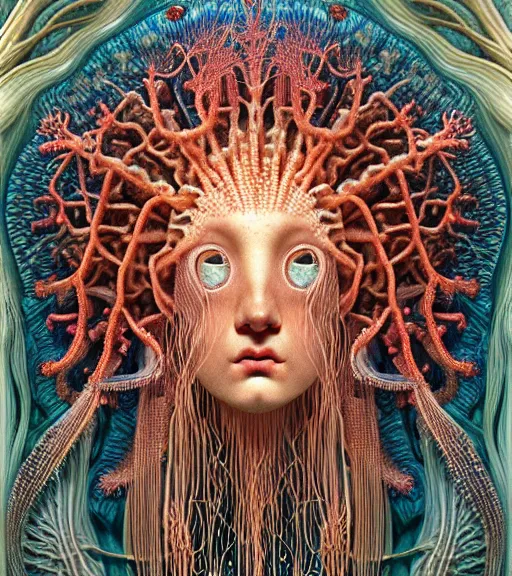 Image similar to hyperrealistic detailed underwater face portrait of the beautiful god of the jellyfish with an intricate headgear of corals, sea kelp, sea plants, fish, starfish, jellyfish, art by ernst haeckel, james jean, john william godward, gothic, neo - gothic, ornamental, beautiful deep colours,