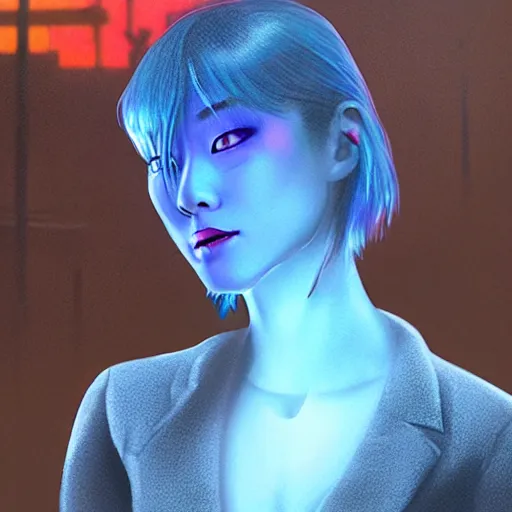 Prompt: a film still of jun ji hyun as joi hologram in bladerunner 2 0 4 9 in the rain with blue hair, cute - fine - face, pretty face, cyberpunk art by sim sa - jeong, cgsociety, synchromism, detailed painting, glowing neon, digital illustration, perfect face, extremely fine details, realistic shaded lighting, dynamic colorful background