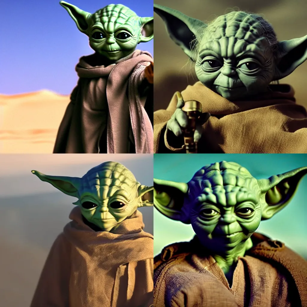 Prompt: still of evil Yoda from Starwars, hooded Sith Lord, in the desert, cinematic lighting, cinematic composition, depth of field, award-winning