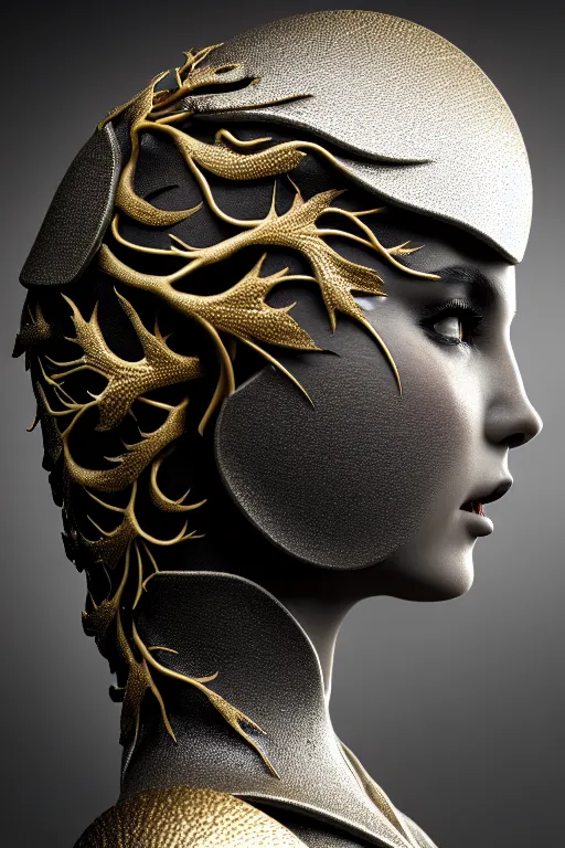 Image similar to close - up profile face, black background, beautiful young porcelain vegetal - dragon - cyborg - female, 1 5 0 mm, beautiful natural soft rim light, silver gold details, magnolia leaves and stems, roots, mandelbot fractal, elegant, hyper real, ultra detailed, white metallic armour, octane render, 1 6 k