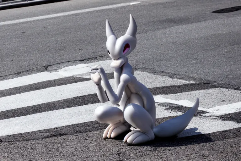 Image similar to closeup potrait of humanoid Mewtwo at a crosswalk in Tokyo, natural light, sharp, detailed face, magazine, press, photo, Steve McCurry, David Lazar, Canon, Nikon, focus