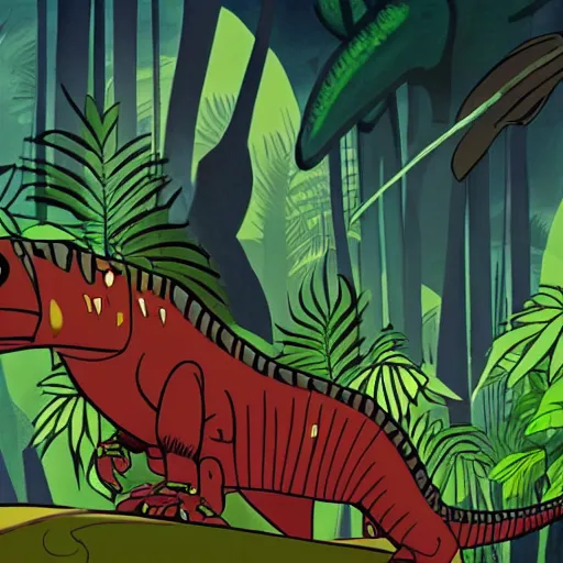 Image similar to tyrannosaurus in the jungle, genndy tartakovsky, samurai jack