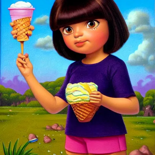 Image similar to dora the explorer as real girl holding ice cream, in lowbrow style, Pop Surrealism oil painting by Mark Ryden