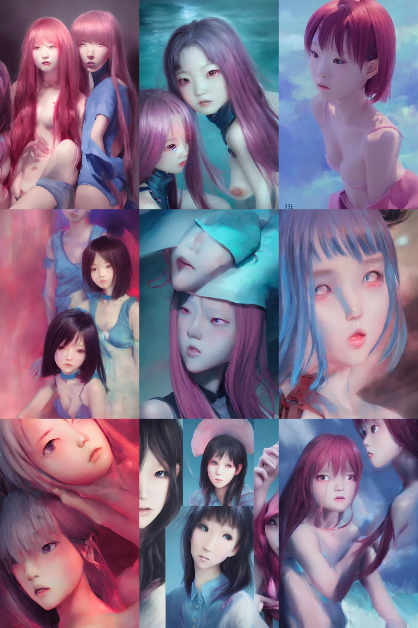 Image similar to 3d dark infrared octane render concept art by D. Jun, by Mo Xiang Tong Xiu, by Igarashi Daisuke, beauty portrait anime schoolgirls under dark pink and blue water. cute face. dramatic light, trending on artstation, oil painting.