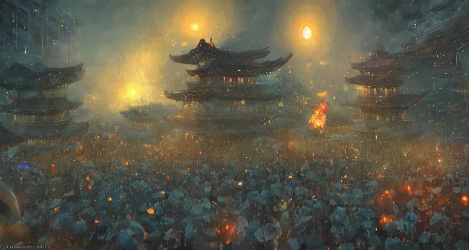 Image similar to craig mullins and ghibli digital art of zhongyuan festival in china ， lanterns ， gohst door with fire in the sky, black night sky, stars, below is the crowd, rivers, villages ， unreal engine, hyper realism, realistic shading, cinematic composition, realistic render, octane render, detailed textures, photorealistic, wide shot