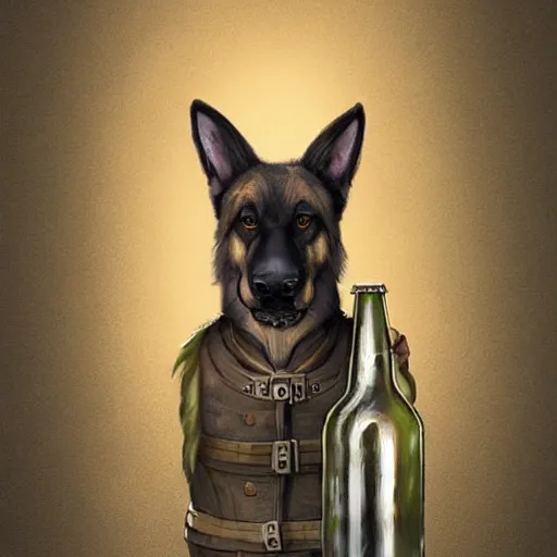 Image similar to a humanoid german shepherd beast - man in military style, holding a bottle of beer, artstation, concept art, smooth, sharp foccus ilustration, artstation