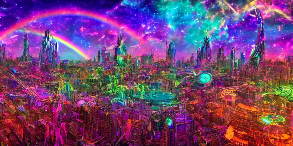 Image similar to proxima b psychedelic alien cityscape, light paint, macro, photorealistic, hyperrealistic, futuristic, in style of Lisa Frank, steampunk, cosmic, translucent, holographic, 32K, deep dream, rainbows, bright colors, high resolution, 4D, megapixel, UHD, HDR