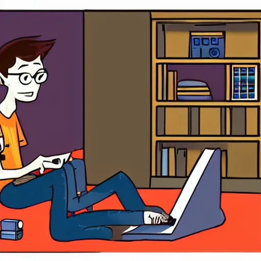 Prompt: a skinny computer nerd guy sitting on the floor of his room, crossed legs, laptop, smartphone, video games, tv, books, potions, jars, shelves, knick knacks, tranquil, star charts, calm, sparkles in the air, magic aesthetic, fantasy aesthetic, faded effect, by dreamworks animation studio