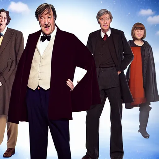 Image similar to stephen fry as doctor who, bbc promotional artwork, full cast shot