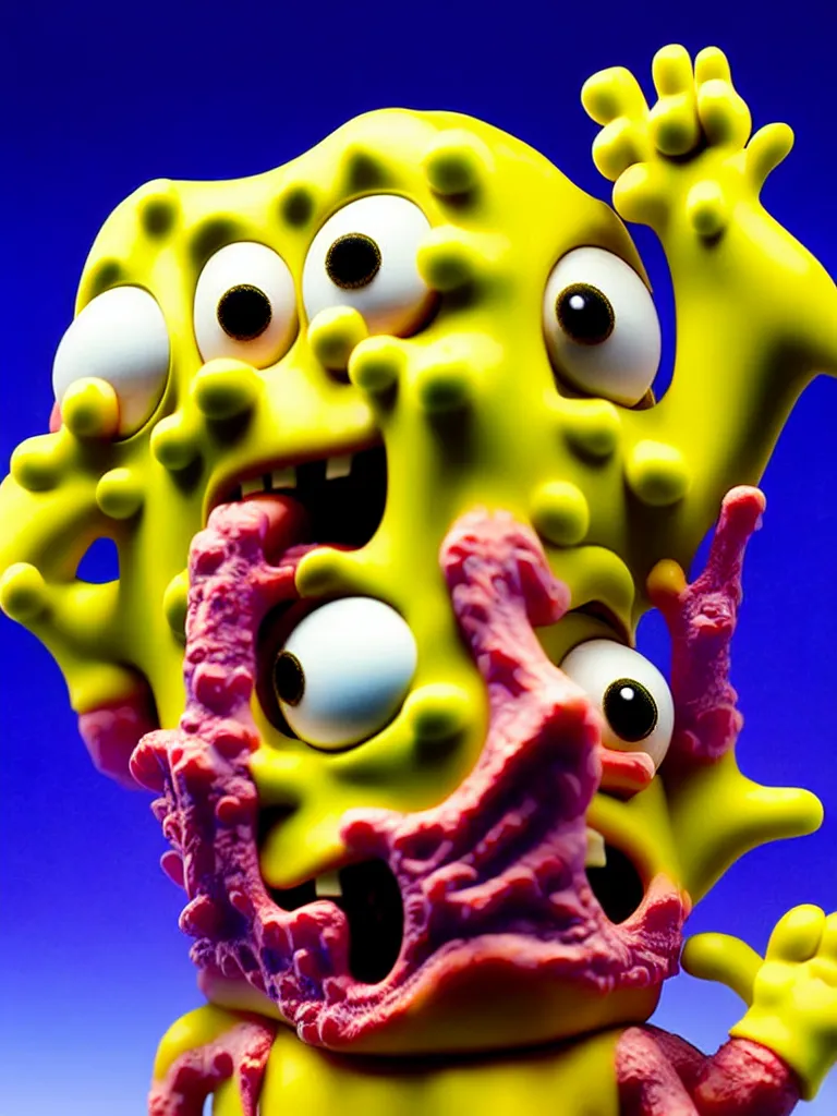 Image similar to hyperrealistic rendering, fat smooth john carpenter flesh monster spongebob by art of skinner and richard corben and jeff easley, product photography, action figure, sofubi, studio lighting, colored gels, colored background