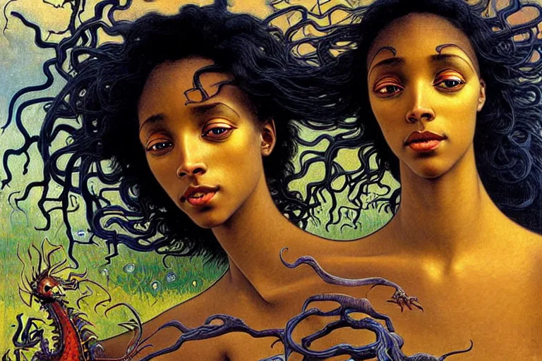 Prompt: realistic extremely detailed closeup portrait painting of a beautiful black woman, mutant dragon and a single old house on background by Jean Delville, Amano, Yves Tanguy, Alphonse Mucha, Ernst Haeckel, Edward Robert Hughes, Roger Dean, rich moody colours