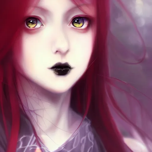 Image similar to facial portrait of a young pretty anime woman, long red hair, dark eyes, gothic eyeliner, character concept art, headshot, Charlie Bowater, Anna Dittmann, WLOP, Rumiko Takahashi, Akihiko Yoshida, Hyung-tae Kim, alexander mcqueen, trending on Artstation